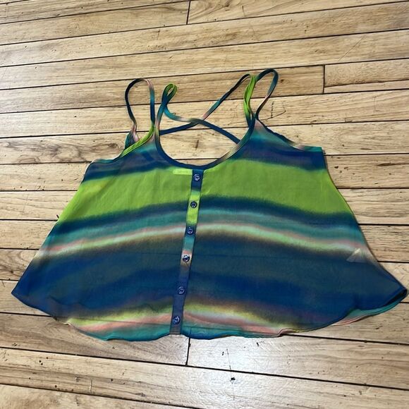 SOPRANO Green Blue Sheer Criss Cross Strap Camisole Colorful Stripe Button S Y2k - Picture 9 of 11